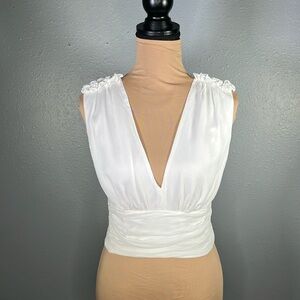 NWT white deep v cinched waist floral appliqué crop top S feminine romantic